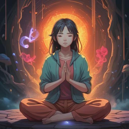 A serene illustration depicting the concept of spiritual healing, soft pastel colors, a figure meditating with glowing marks of bruises symbolizing growth, surrounded by ethereal light and nature, vibrant aura emanating from the character, intricate background with soft flowers and gentle flowing water, peaceful atmosphere, 4k