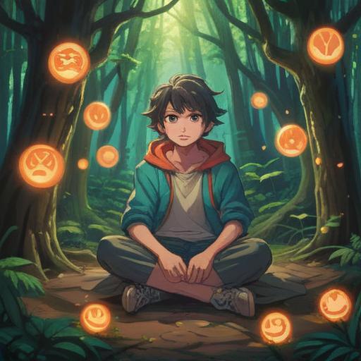 A serene illustration of a person sitting cross-legged in a tranquil forest, surrounded by glowing orbs representing spiritual signs, gentle rays of sunlight filtering through the trees, an aura of calmness, symbols of mindfulness and healing, ethereal atmosphere, deep connection with nature, vibrant colors, inviting scenery, reflective expression, 4k