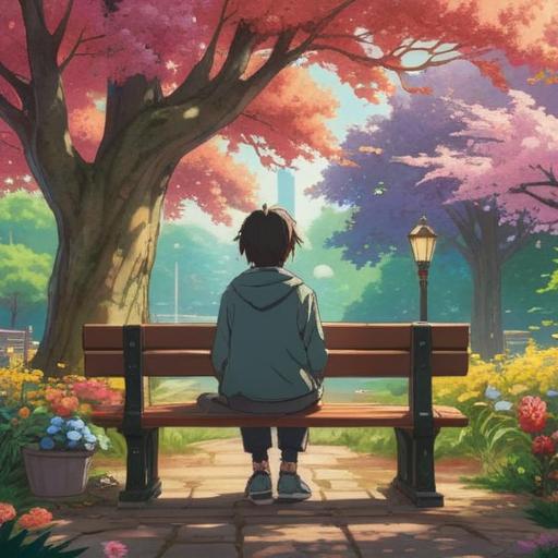 A person sitting on a park bench, contemplating an injury, surrounded by blooming flowers, sunlight filtering through trees, a sense of hope and recovery in the air, vibrant colors, inspiring atmosphere, positive energy radiating, 4k