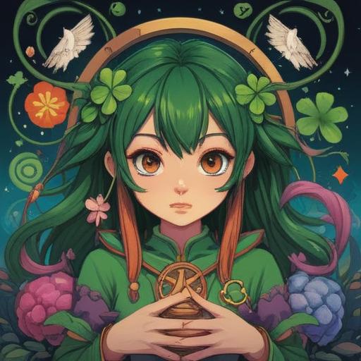 A motivational and inspiring illustration, a colorful lucky charm with a unique design, surrounded by positive symbols like four-leaf clovers and good luck coins, portraying a serene environment, gentle sunlight filtering through trees, encouraging change and mindfulness, uplifting aesthetic, vibrant colors, 4k