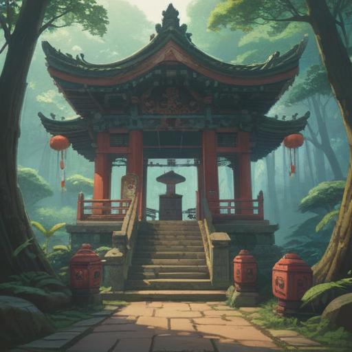 A serene illustration of Taro Shrine, lush greenery surrounding the sacred site, a peaceful ambiance, mystical mist enveloping the shrine, traditional Japanese architecture, symbols of spirituality and nature, sunlight filtering through the trees, tranquil atmosphere, inviting path leading to the shrine, 4k