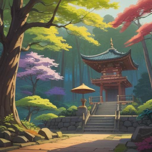 A serene landscape of Taro Bōgu Shrine, mystical aura, gentle light filtering through trees, traditional Japanese architecture, people meditating in harmony, spiritual symbols in the atmosphere, calming scene, lush greenery, peaceful aura, 4k