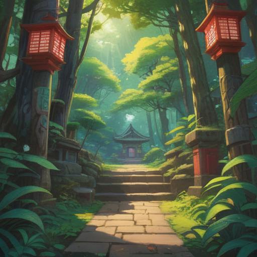 A serene scene at Taro Shrine, featuring a tranquil forest path, gentle sunlight filtering through the leaves, spiritual symbols subtly integrated into the scenery, a visitor pausing to observe the signs, a feeling of peace and connection to nature, vibrant colors, detailed foliage, 4k