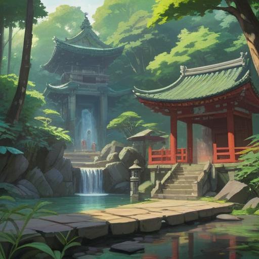 A serene and peaceful scene depicting Taro-bo Shrine, surrounded by lush greenery and gentle sunlight filtering through the trees, a tranquil reflection pond nearby, people meditating or offering prayers, symbols of prosperity and inner peace present, harmonious atmosphere, vibrant nature, 4k