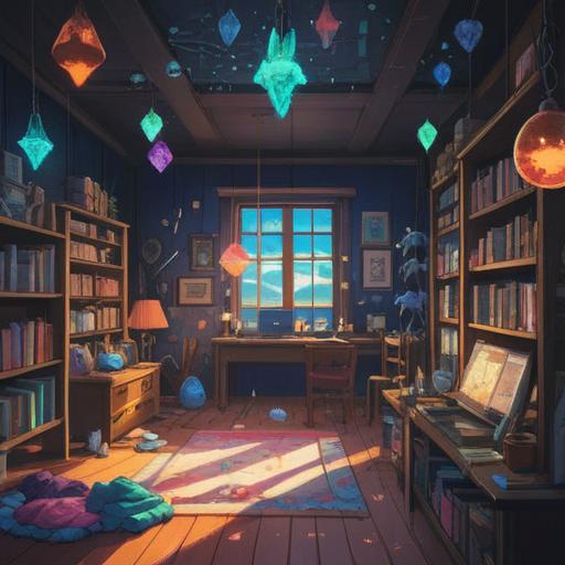 A vibrant collection of objects that attract positive energy, bright colors, cheerful atmosphere, sparkling light effects, uplifting symbols such as crystals, plants, and sunflowers, detailed textures, harmony and joy, surrounded by a glowing aura, inviting space, 4k