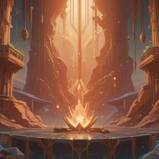 A serene crystal scene featuring a sunstone rutilated quartz, shimmering golden rays, spiritual energy radiating, ethereal light surrounding, peaceful nature backdrop, calming and harmonious atmosphere, grounding and uplifting essence, intricate details of the crystal's inclusions, 4k