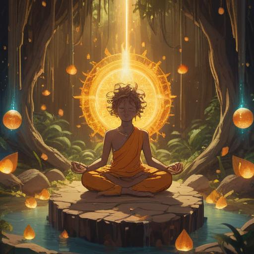 A serene scene depicting the powerful energy of sun citrine, glowing crystals radiating warm light, a person meditating peacefully, surrounded by nature, spiritual symbols in the air, gentle breeze flowing, vibrant colors, calming atmosphere, symbolic representation of spiritual signs, 4k
