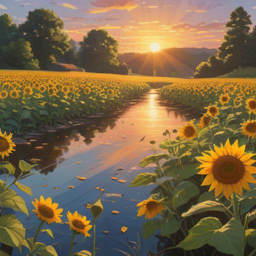 A serene landscape featuring a golden sun shining brightly over a vibrant field of sunflowers, rays of sunlight illuminating a crystal-clear stream, a person joyfully collecting lucky items like sunstones and amulets, a sense of positivity and transformation in the air, warm colors, uplifting atmosphere, 4k