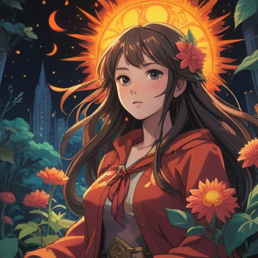 A glowing figure resembling the sun, surrounded by radiant light, symbolic spiritual signs like flowers and nature, warm colors reflecting positivity, hints of ethereal energy, serene expression, mystical ambiance, harmonious connection with the universe, 4k