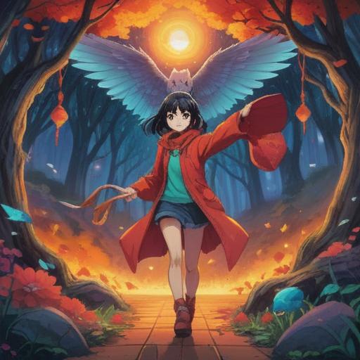 A motivational scene of a person engaging in self-improvement activities, vibrant colors, uplifting atmosphere, dynamic pose, expression of determination and joy, surrounded by symbols of growth like books, workout equipment, and art supplies, encouraging aura, personal transformation, 4k