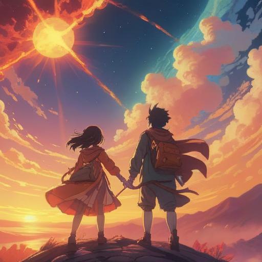 A vibrant illustration of a sun flare illuminating the sky, radiant energy emanating from the sun, ethereal beings dancing in the light, colorful rays symbolizing spiritual awakening, a serene landscape below, lush greenery, soft clouds, peaceful atmosphere, mystical aura, 4k