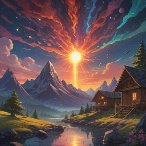 A cosmic scene depicting the impact of solar flares, vibrant colors, radiant sun with flares emitting energy, a celestial landscape, spiritual symbols emerging in the atmosphere, people observing the sky in awe, mystical aura surrounding the sun, a sense of urgency and caution, detailed cosmic elements, 4k