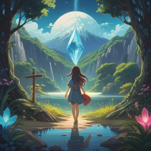 A serene illustration of a lucky crystal, glowing softly amidst a vibrant landscape, surrounded by gentle sunlight filtering through the atmosphere, celestial patterns in the sky, representing protection against solar flares, intricate details of the crystal facets, harmonious colors, peaceful ambiance, enchanting nature background, 4k