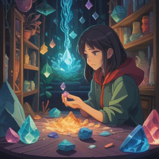 A serene and tranquil scene depicting a person selecting crystals, calming colors, softly glowing crystals of various shapes and sizes, an inviting atmosphere, gentle lighting filtering through a window, soothing nature elements like plants and sunlight, peaceful expression on the person's face, mindfulness and relaxation theme, 4k