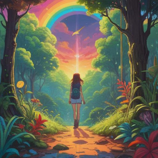 A radiant illustration of sunlight streaming through a vibrant rainbow, spiritual symbols intertwined with the colors, serene landscape with lush greenery, ethereal glow and soft mist, tranquil atmosphere, harmony between nature and light, uplifting energy, 4k