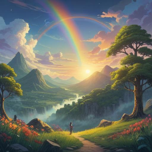 A spiritual scene of sunlight illuminating a vibrant rainbow, ethereal atmosphere, colorful light beams piercing through the clouds, lush green surroundings, serene nature, harmonious energy flow, uplifting and positive vibes, mystical landscape, soft gradients