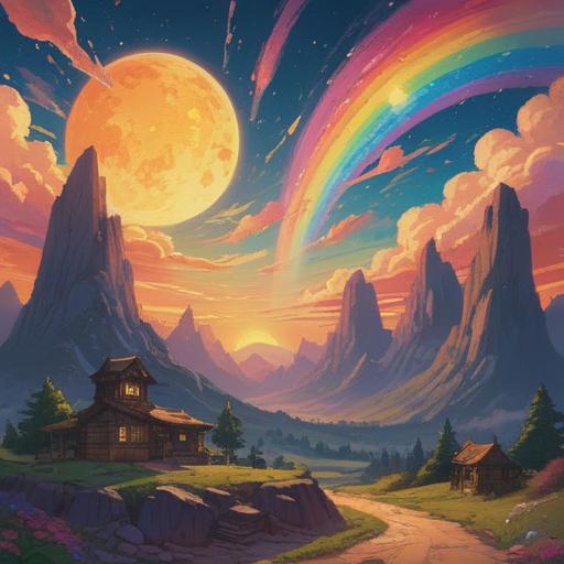 A vibrant scene of a radiant rainbow-colored sun illuminating a serene landscape, mystical aura surrounding the sun, soft beams of multicolored light radiating through the trees, gentle waves of energy in the air, characters in awe observing the phenomenon, peaceful atmosphere, symbolic spiritual signs displayed in nature, harmonious balance, 4k