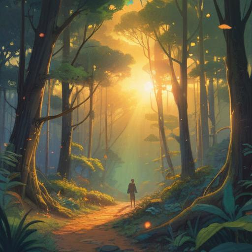 A vibrant illustration of sunlight filtering through the trees, connecting hearts with golden rays, soft glow illuminating a written message on paper, serene nature background, warm and inviting atmosphere, conveying hope and positivity, 4k