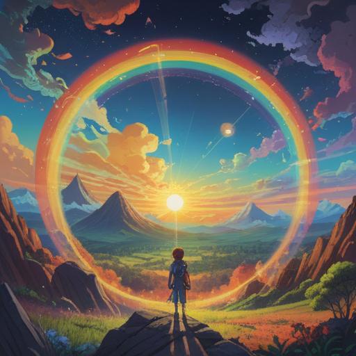 A spiritual representation of the sun and a rainbow ring, vibrant colors, celestial motifs, ethereal atmosphere, harmony and balance, serene landscape, divine light radiating, nature and spirituality intertwined, 4k