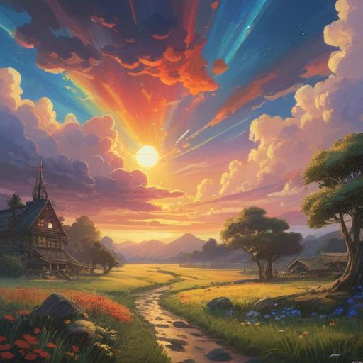 A serene landscape featuring a bright sun with a radiant halo, a vibrant rainbow encircling the sun, awe-inspiring cloud formations, spiritual symbols subtly integrated into the scenery, tranquil atmosphere, gentle light illuminating the surroundings, inspiring a sense of wonder and connection to the universe, lush greenery below, 4k