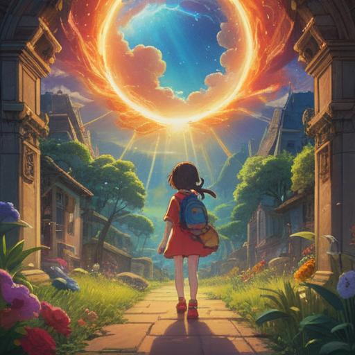 A vibrant scene depicting a glowing sun surrounded by a radiant halo of rainbows, capturing the moment of witnessing a lucky charm, bright colors, ethereal atmosphere, whimsical elements, joyful expressions, nature in bloom, sparkling light effects, enchanting beauty, 4k