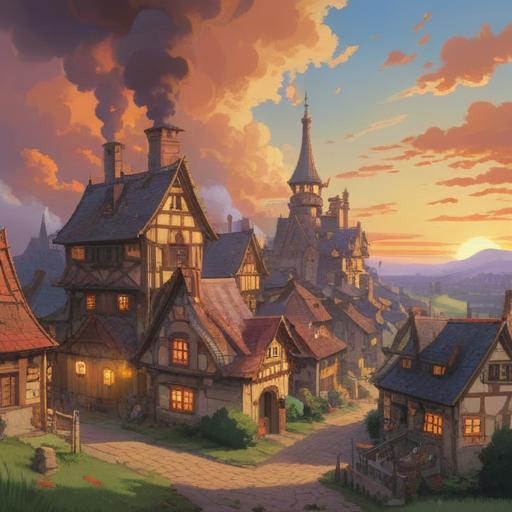 A serene landscape depicting a peaceful village at sunset, warm golden hues illuminating the sky, quaint houses with smoke rising from chimneys, villagers gathering in a central square, lush green fields surrounding the area, a sense of community and togetherness, calming atmosphere, 4k