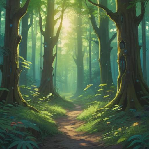 A serene landscape bathed in sunlight, beams of light filtering through lush green trees, ethereal glow illuminating a peaceful forest, spiritual symbolism represented by light pathways, tranquil atmosphere, harmonious connection with nature, reflective elements, inviting sense of calm, 4k