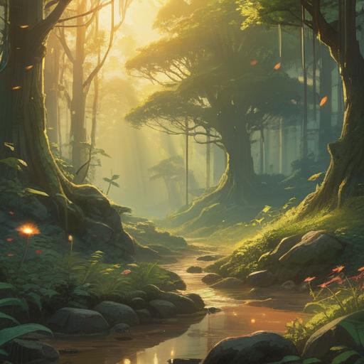 A serene landscape bathed in golden sunlight, rays of sunlight breaking through the clouds, illuminating a tranquil forest, ethereal atmosphere, spirits dancing in the light, vibrant greenery, soft glow, peaceful aura, deep connection to nature, harmonious energy, 4k