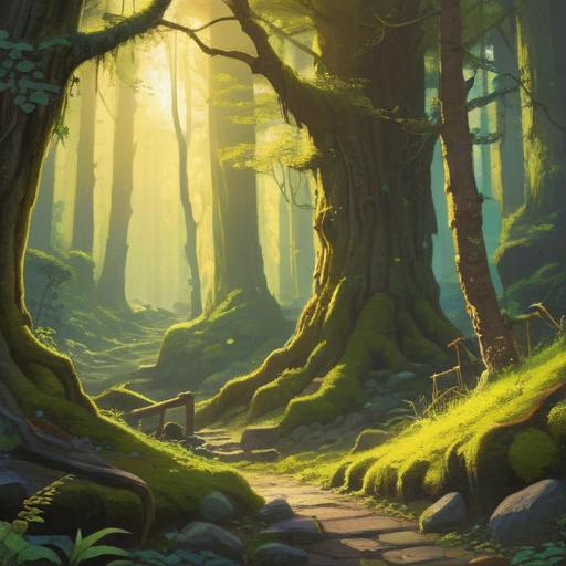 A serene scene depicting golden rays of sunlight filtering through the trees, illuminating a small, enchanting lucky charm resting on a moss-covered stone, surrounded by vibrant greenery, soft bokeh effect in the background, playful shadows dancing across the ground, warm and inviting atmosphere, magical essence of nature, insightful symbolism of luck, 4k