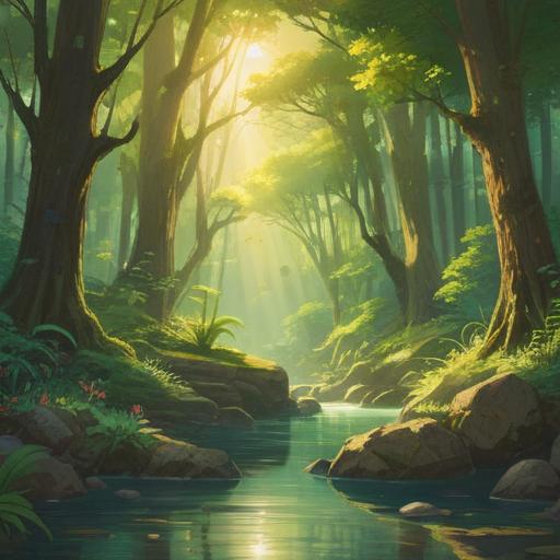 A serene landscape illuminated by sunlight beams, golden rays filtering through lush green trees, creating a magical atmosphere, gentle stream reflecting the light, tranquil ambiance, hidden messages in the patterns of light, subtle hints of nature's wisdom, 4k
