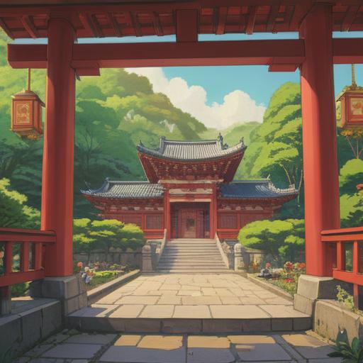 A serene depiction of Dazaifu Tenmangu Shrine, enchanting atmosphere, lush greenery surrounding the shrine, people experiencing spiritual connection, elements of good fortune and positive energy, traditional architecture with intricate details, cherry blossoms gently falling, harmonious blend of nature and spirituality, tranquil lighting, 4k