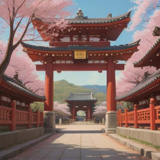 A serene view of Dazaifu Tenmangu Shrine, with cherry blossoms in full bloom, visitors observing spiritual symbols like fortune slips and sacred objects, vibrant colors reflecting a peaceful atmosphere, ancient wooden architecture blending with nature, tranquil pond hinting at spiritual energy, detailed textures capturing the essence of Japanese spirituality, 4k