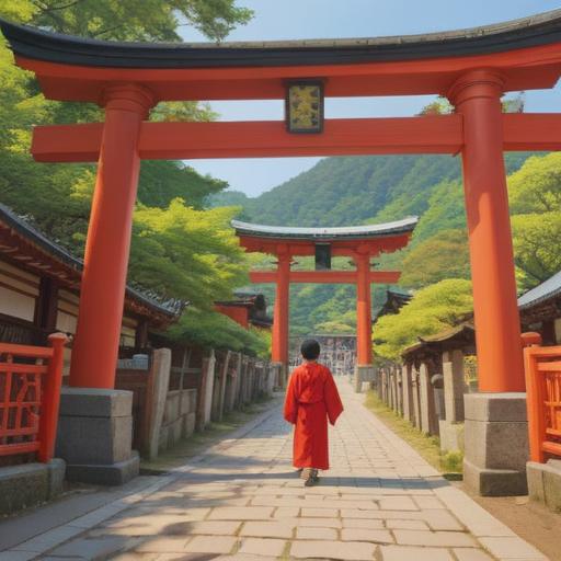 A serene scene depicting a visit to Dazaifu Tenmangu Shrine, vibrant red torii gates leading to the shrine, people thoughtfully making wishes, a backdrop of lush greenery and blossoming cherry trees, traditional Japanese architecture, a sense of peace and spirituality, lucky charms and omamori displayed prominently, 4k