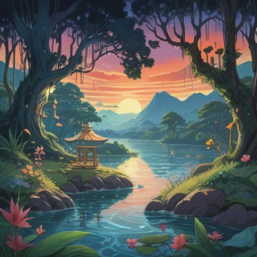 A mesmerizing illustration of ancient waters reflecting spiritual symbols, vibrant ripples conveying good signs, serene landscape with lush greenery, ethereal light shining through the trees, mystical creatures emerging gracefully from the water, tranquil atmosphere, hint of spirituality and enlightenment, vivid details, 4k