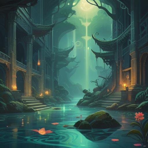 Ancient waters swirling around sacred symbols, mystical creatures emerging from the depths, soft ethereal glow illuminating the scene, tranquil reflections on the water surface, lush greenery surrounding the ancient landscape, spirit guides manifesting in the mist, profound spiritual connection conveyed through nature, deep shades of blue and green, 4k