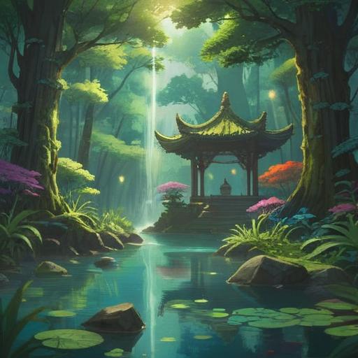 Ancient water sources, mystical healing properties, lush greenery surrounding serene lakes, ancient rituals for prosperity, reflections of sunlight on water, harmonious connection between nature and humanity, tranquil environment, subtle energy flowing through the landscape, captivating visuals of rejuvenation, 4k