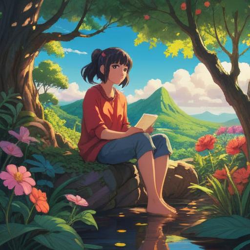 A thoughtful and introspective scene, depicting a person with a fuller figure sitting peacefully in a tranquil nature setting, surrounded by vibrant flora, deep in meditation, ethereal light illuminating their presence, symbolism of self-acceptance and inner strength, conveying a sense of spiritual awakening and transformation, 4k