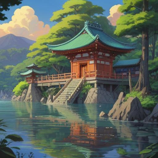 A serene and peaceful illustration of the Tama River Asama Shrine, lush greenery surrounding the shrine, tranquil waters reflecting the sky, people meditating or praying in the foreground, traditional Shinto architecture, spiritual aura emanating from the shrine, a sense of harmony with nature, soft sunlight filtering through the trees, calming atmosphere, 4k