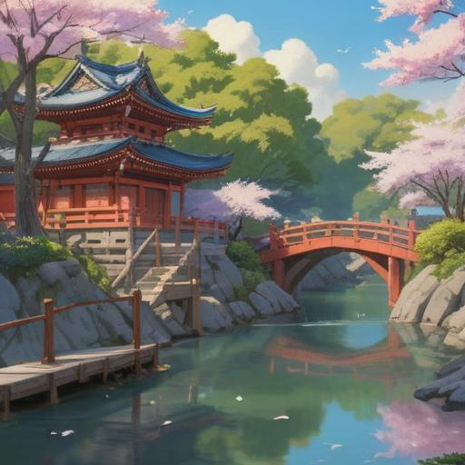 A serene landscape of the Tamagawa Asama Shrine, surrounded by lush greenery and blooming cherry blossoms, a tranquil river flowing nearby, ethereal light illuminating the shrine, a sense of spirituality and peace, people meditating and reflecting, traditional Shinto architecture, harmonious connection with nature, vivid colors, calming atmosphere