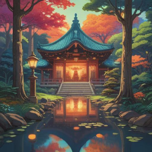 A serene illustration of the Tamagawa Asama Shrine, spiritual signs subtly integrated in the environment, people engaging in meditation and reflection, nature surrounding the shrine, cherry blossom trees in bloom, tranquil atmosphere, soft lighting, intricate architectural details of the shrine, 4k