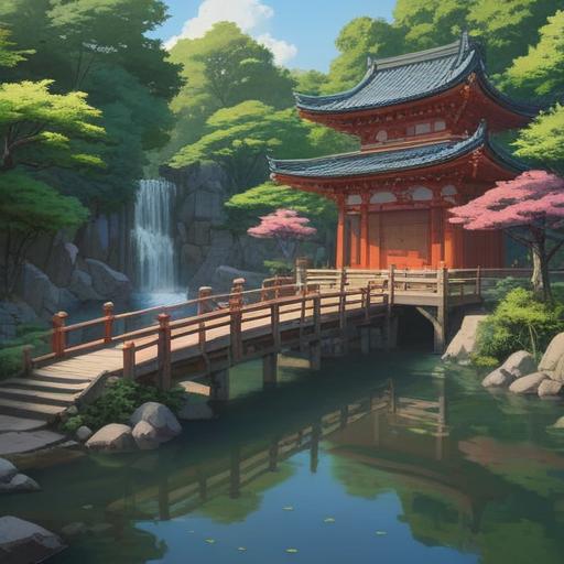 A serene illustration of the Tamagawa Asama Shrine, lush greenery surrounding the shrine, a tranquil river flowing nearby, a visitor finding a lucky charm, intricate details of the shrine's architecture, soft sunlight filtering through the trees, peaceful atmosphere, spiritual ambiance, nature and culture blend, 4k