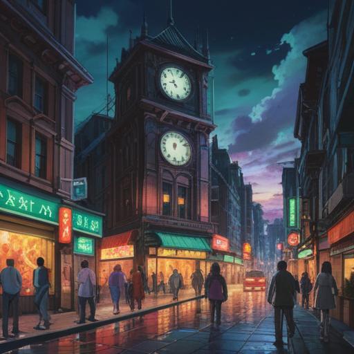 A busy urban scene, people rushing in all directions, vibrant city lights, a clock tower showing the time, a subtle aura of energy surrounding the crowd, moments of stillness amidst the chaos, hints of introspection on faces, contrasting serenity and hustle, dynamic movement, spiritual undertones, 4k