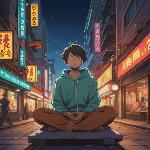 A serene scene depicting a person meditating in a bustling city, surrounded by vibrant energy and swirling light, embodying the contrast between a hectic lifestyle and peaceful mindfulness, spiritual symbols floating in the air, calming nature elements integrated into the urban environment, harmonious colors, inviting atmosphere, uplifting message, 4k