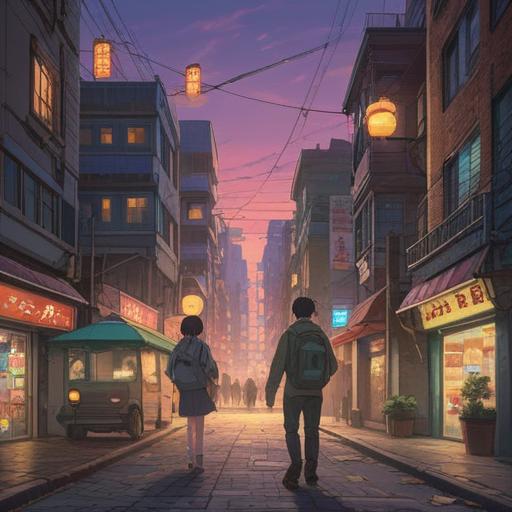 A busy cityscape at dusk, people rushing with smartphones in hand, subtle signs of spiritual symbols in the background, soft glowing lights representing guidance, a sense of urgency in the air, hint of tranquility amidst chaos, detailed architecture, warm yet frantic atmosphere, emotional expressions, 4k