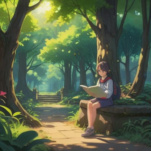 A serene and uplifting scene, a gentle breeze rustling through leafy trees, sunlight filtering down, a person sitting peacefully on a park bench, surrounded by blooming flowers, rays of golden light illuminating their face, a sense of tranquility and ease, thoughtful expressions, nature's beauty inspiring a light-hearted mood, 4k