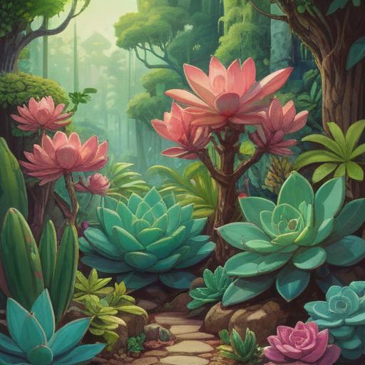 A vivid illustration of various succulent plants, each representing different spiritual signs, lush greenery, intricate textures, a serene garden setting, soft sunlight filtering through leaves, a peaceful ambiance, detailed close-ups of leaves, and symbolism of growth and mindfulness, 4k