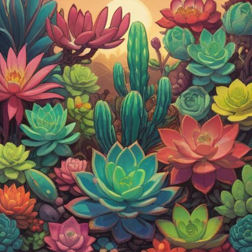 A vibrant and colorful illustration of various succulent plants, arranged in a dynamic and harmonious composition, each plant symbolizing good luck and positivity, bright sunlight casting gentle shadows, a serene garden setting, lush greenery in the background, an aura of tranquility and joy, 4k resolution