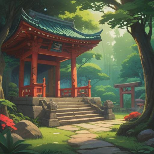 A serene Shinto shrine scene, surrounded by lush greenery, ancient trees, spiritual ambiance, visitors in traditional attire, offering prayers, sunlight filtering through the leaves, detailed architecture of the shrine, tranquil river nearby, harmonious connection with nature, 4k