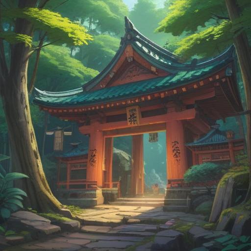 A serene view of the Tado Shrine, lush greenery surrounding the entrance, ethereal light filtering through the trees, various spiritual symbols subtly incorporated into the landscape, visitors in contemplation, feelings of peace and connection, sacred atmosphere, gentle breeze, 4k