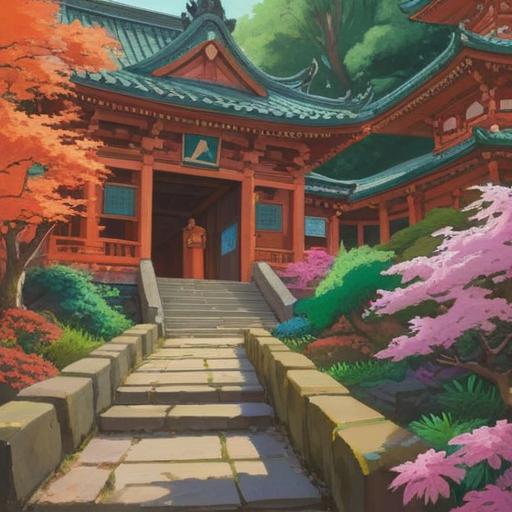 A serene landscape featuring the sacred Tado Taisha Shrine, surrounded by lush greenery and vibrant seasonal flowers, traditional Japanese architecture, a gentle breeze rustling through the trees, a prominent lucky charm placed on a stone pathway leading to the shrine, symbolic of connection and fortune, warm sunlight filtering through the leaves, tranquil atmosphere, 4k